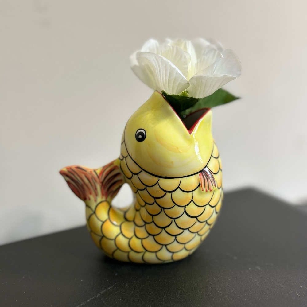 Andrea by Sadek Koi Fish Vase Yellow Hand Painted VTG